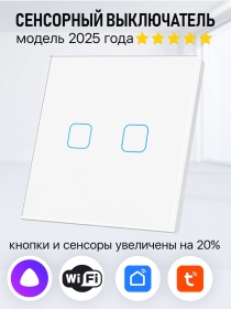 Умный сенсорный выключатель с WiFi двухклавишный работает с Алисой. Цвет белый