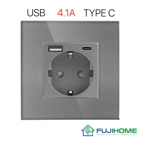 Розетка с USB (Type A + Type C) FUJIHOME TW-GAC-GY(CS), с заземлением, рамка 86х86мм из закаленного стекла, цвет серый