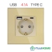 Розетка с USB (Type A + Type C) FUJIHOME TW-GAC-GD(CS), с заземлением, рамка 86х86мм из закаленного стекла, цвет золотой