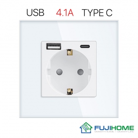 Розетка с USB (Type A + Type C) FUJIHOME TW-GAC-WT(CS), с заземлением, рамка 86х86мм из закаленного стекла, цвет белый
